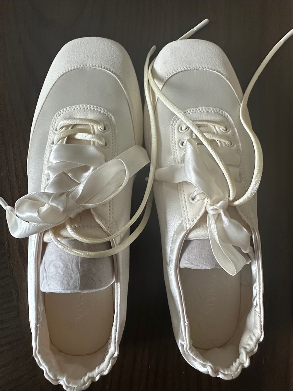 VIVAIA Satin Ribbon Lace-Up Flats in Cream